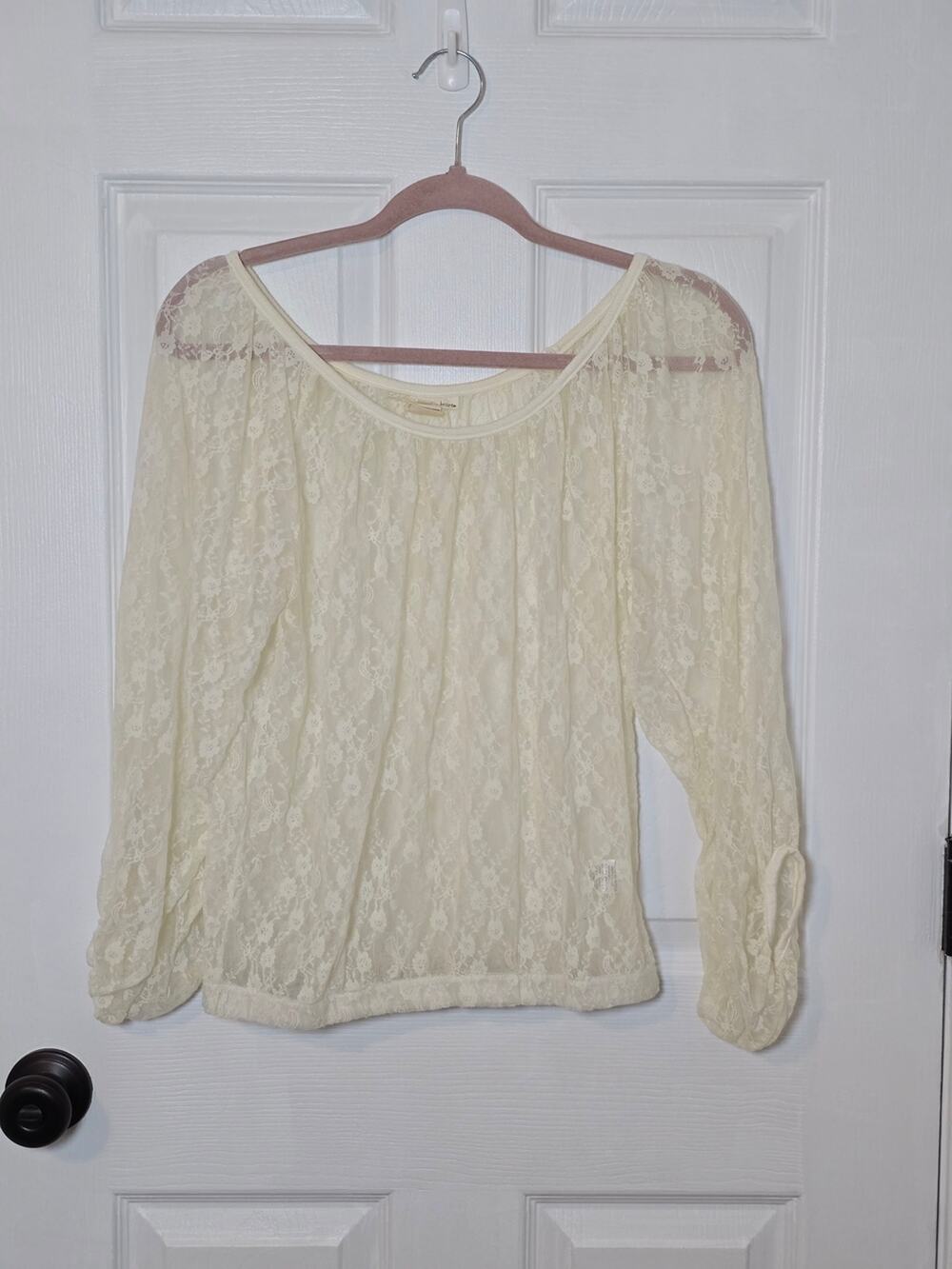 Derek Heart Women’s Cream Lace Peasant Blouse Boho Sheer Long Sleeve Top Large